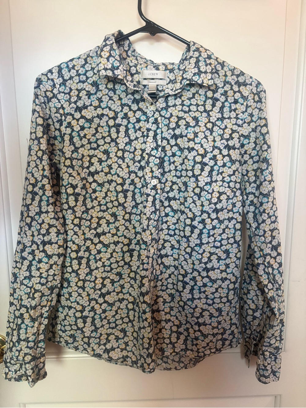 J. Crew Navy Floral Button-Down Shirt with White & Yellow Blooms